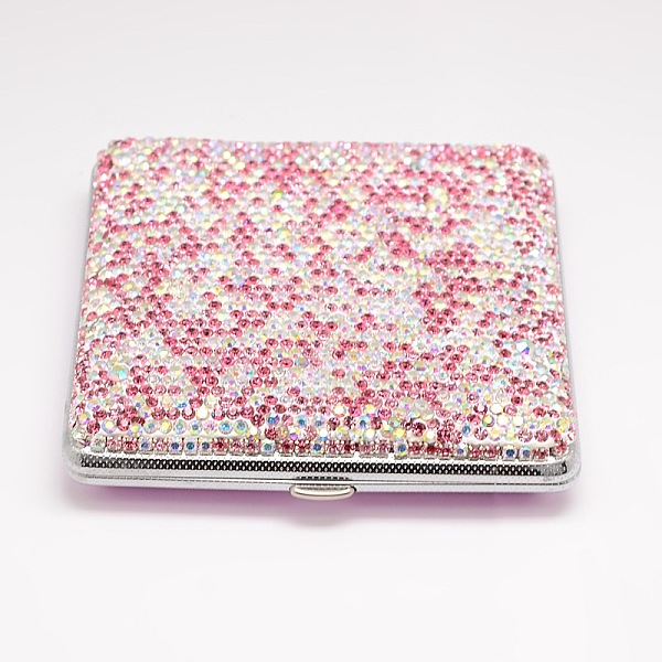 PandaHall Shining Square Alloy Cigarette Cases, Covered with Rhinestone, Light Rose, 98x97x22mm Alloy Pink