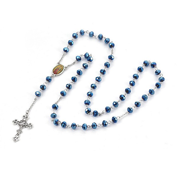 PandaHall Alloy Pendant Necklaces, with Glass and 304 Stainless Steel Rolo Chains, Crucifix Cross, For Easter, Blue, 27.55 inch(70cm)  Glass...