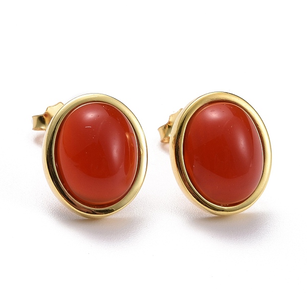 PandaHall 925 Sterling Silver Stud Earrings, Oval Red Agate Earrings for Women, Golden, 12x10mm, Pin: 0.7mm Agate+Crystal Oval Red