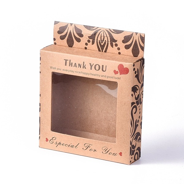 PandaHall Kraft Paper Boxes, Clear Window Packaging Boxes, Rectangle with Word Thank You, BurlyWood, Box: 10x10cm, Unfold: 19.4x12.5x0.08cm...