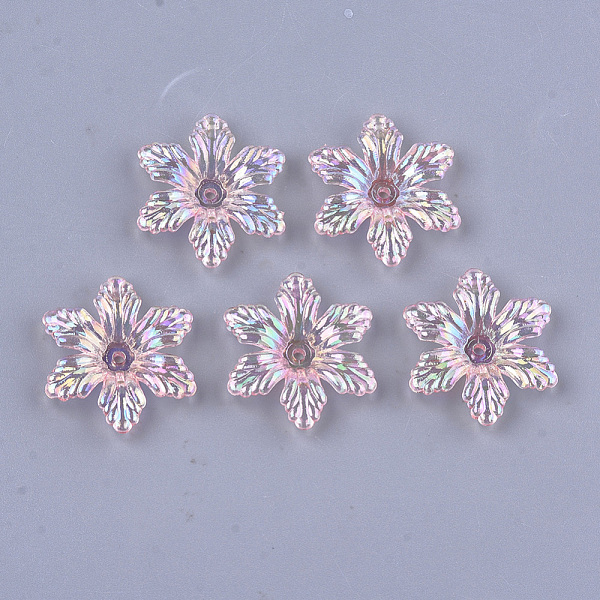 PandaHall Transparent Acrylic Bead Caps, AB Color, 6-Petal, Flower, Pink, 5x28x25mm, Hole: 1.8mm, about 630pcs/500g Acrylic Pink