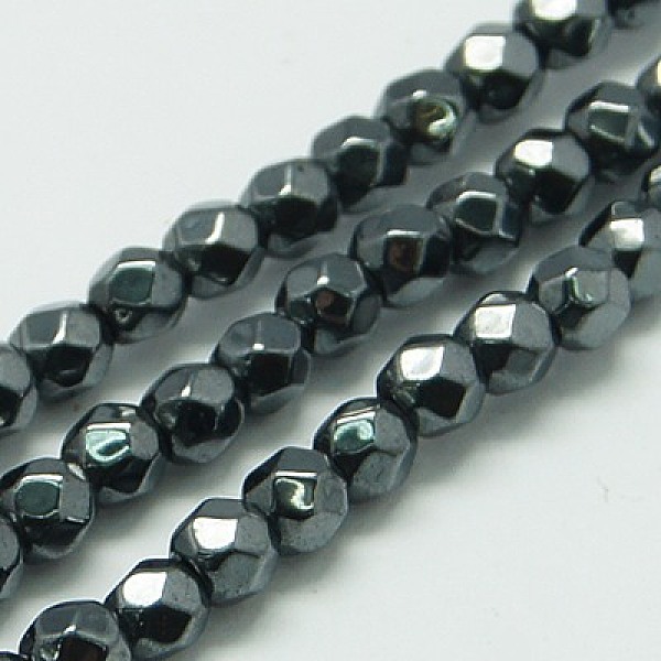 PandaHall Non-magnetic Synthetic Hematite Beads Strands, Faceted, Round, Black Plated, 3mm, Hole: 1mm, about 120~130pcs/strand, 15.7 inch...
