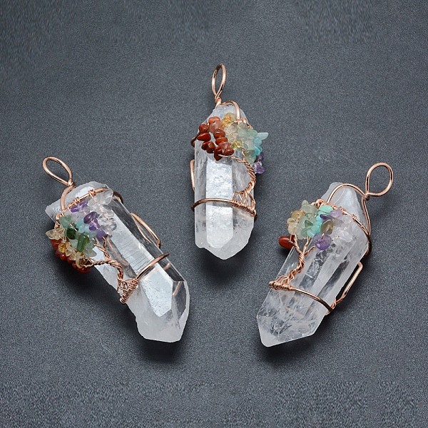 PandaHall Natural Quartz Crystal Big Pendants, with Mixed Gemstone Chips and Brass Findings, Nuggets, Rose Gold, 60~110x20~27mm, Hole...