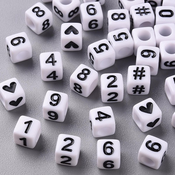 PandaHall Opaque White Acrylic Beads, Cube with Black Number & Heart, Mixed, 6x6x6mm, Hole: 3.5mm, about 3000pcs/500g Acrylic Cube Black