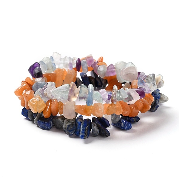 PandaHall Chip Natural Gemstone Beaded Stretch Bracelets Sets, Including Natural Fluorite, Red Aventurine, Lapis Lazuli, Inner Diameter...