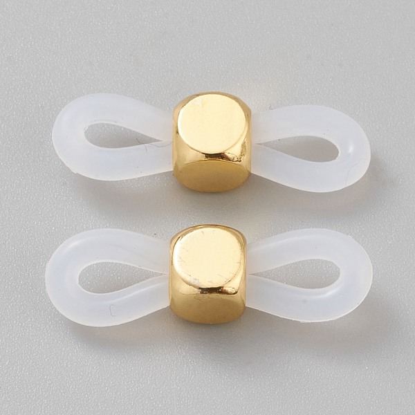 PandaHall Eyeglass Holders, Glasses Rubber Loop Ends, with Cube Brass Beads, White, 20x6x5mm Synthetic Rubber White
