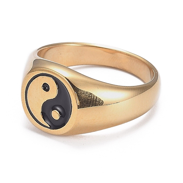 PandaHall Ion Plating(IP) 304 Stainless Steel Finger Rings, Yin Yang Ring, with Enamel, Gossip, Real 18K Gold Plated, Size 8, Inner Diameter...