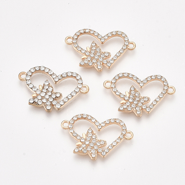PandaHall Alloy Links connectors, with Rhinestone, Heart and Butterfly, Crystal, Golden, 15x23.5x2mm, Hole: 1.5mm Alloy+Rhinestone Heart