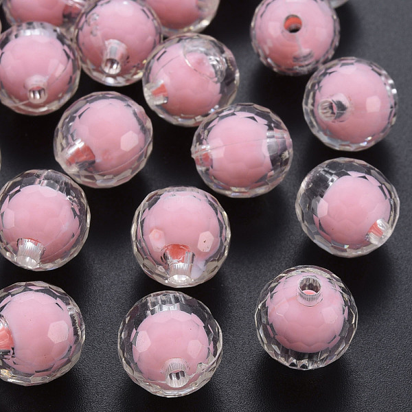 PandaHall Transparent Acrylic Beads, Bead in Bead, Faceted, Round, Pearl Pink, 16mm, Hole: 3mm, about 205pcs/500g Acrylic Round