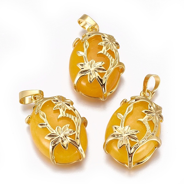 PandaHall Dyed Natural Jade Pendants, with Golden Tone Brass Findings, Oval with Flower, 32x20x9mm, Hole: 5x8mm Other Jade Oval