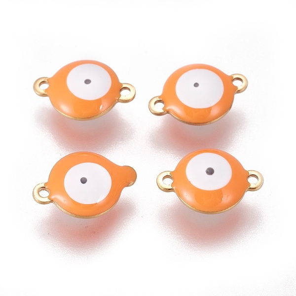 PandaHall Ion Plating(IP) 304 Stainless Steel Enamel Links connectors, Flat Round with Evil Eye, Golden, Coral, 14.5x10x4.5mm, Hole: 1.4mm...