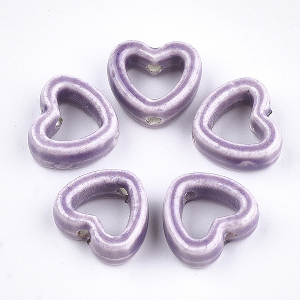 PandaHall Handmade Porcelain Bead Frames, Bright Glazed Porcelain, Heart, Plum, 12~12.5x13.5x5.5mm, Hole: 2mm Porcelain Heart Purple