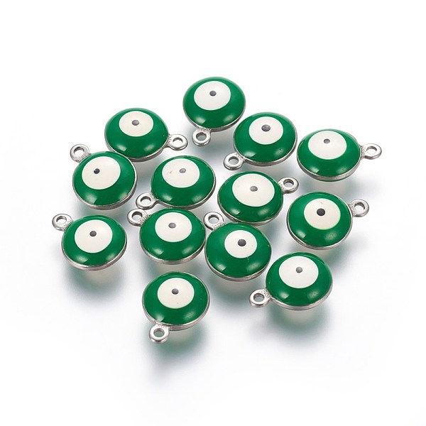 PandaHall 304 Stainless Steel Enamel Charms, Flat Round with Evil Eye, Stainless Steel Color, Green, 8.5x6x3.5mm, Hole: 1.2mm Stainless...