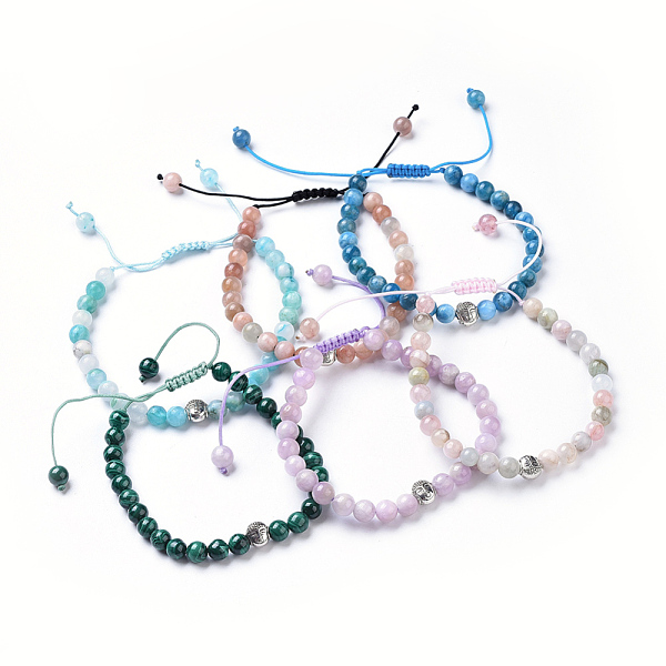 PandaHall Natural Gemstone Braided Bead Bracelets, with Braided Nylon Thread and Tibetan Style Alloy Buddha Beads, 1-7/8 inch~3-1/8 inch...