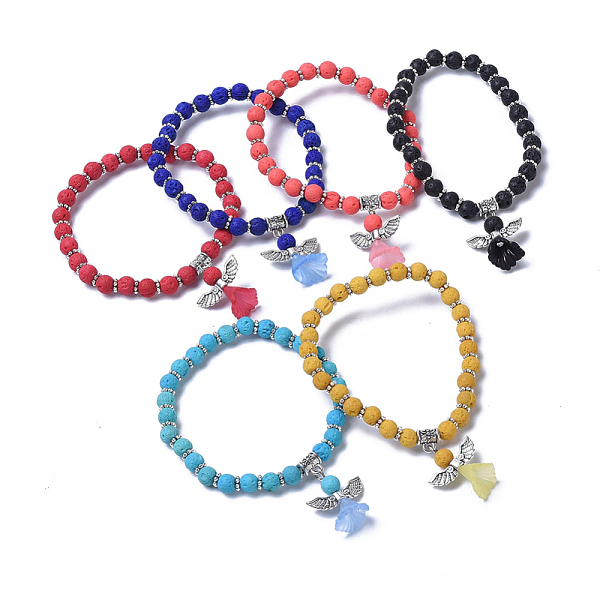 PandaHall Dyed Natural Lava Rock Beads Stretch Bracelets, with Transparent Frosted Acrylic Flower Beads and Tibetan Style Alloy Findings...