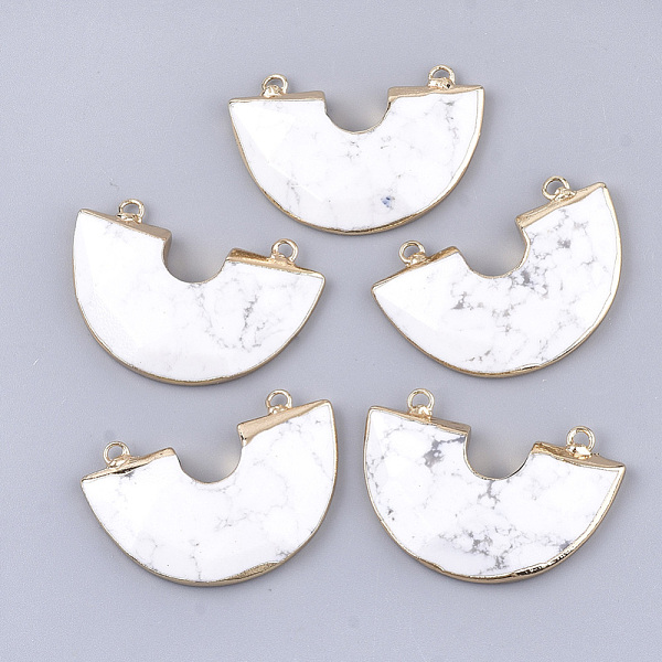 PandaHall Electroplate Natural Howlite Semi Circle Pendants, with Iron Findings, Faceted, Half Round, Golden, 28~28.5x41x5~7mm, Hole: 2.5mm...