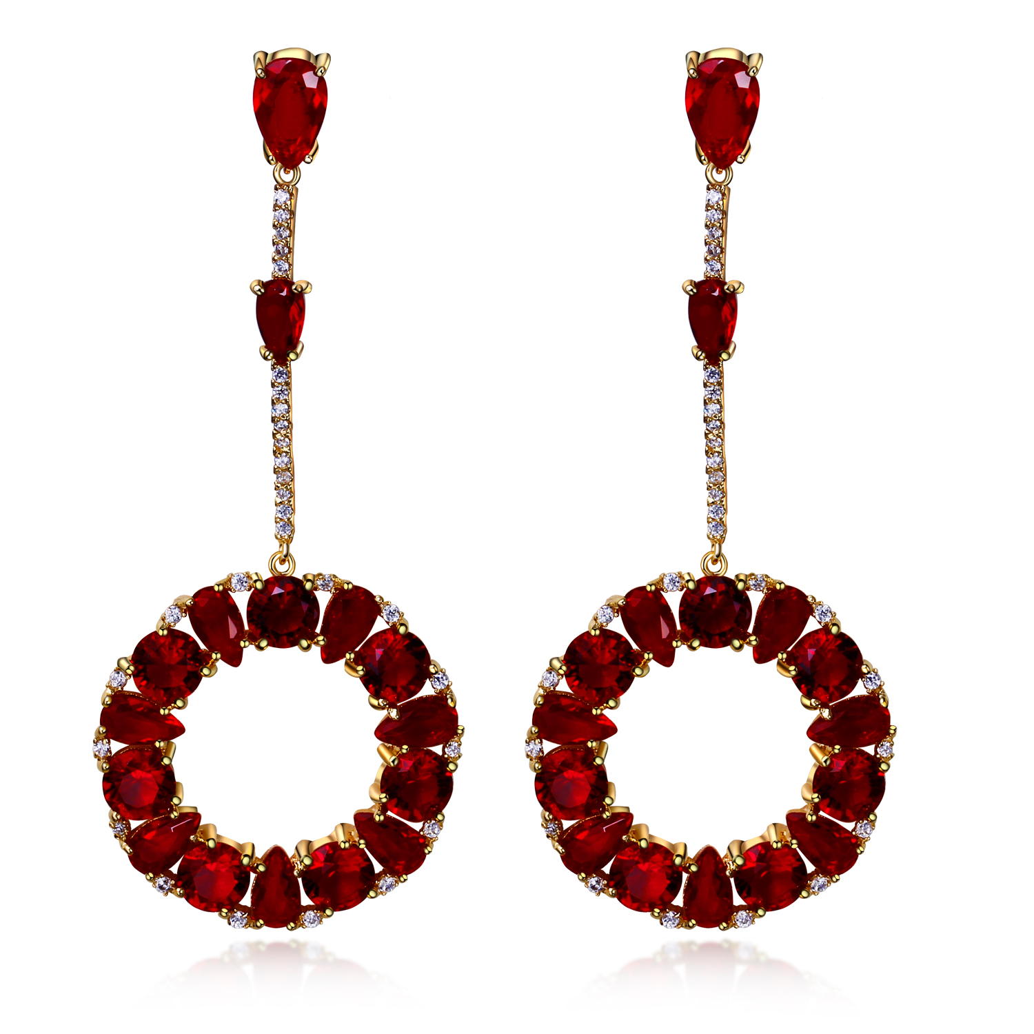 74 MM Long Earrings, 18K Gold plate Setting with 4 colors Cubic Zirconia, Round Pendant Earrings
