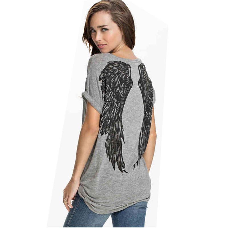2015 Miss Belle Back Angel Wings Printed Women&#039;s T shirt Short Sleeve O Neck Tops & tees T-shirt Women Tops FX20