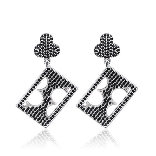 PandaHall Black Cubic Zirconia Clubs Play Card Stud Earrings, Brass Drop Earrings for Women, Platinum Cubic Zirconia Playing Items
