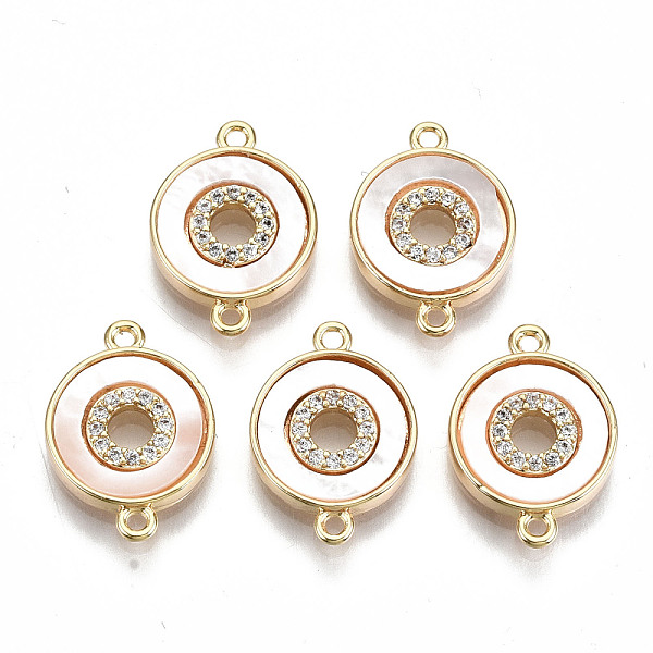PandaHall Brass Micro Pave Clear Cubic Zirconia Links Connectors, with White Sea Shell, Nickel Free, Flat Round, Real 18K Gold Plated...