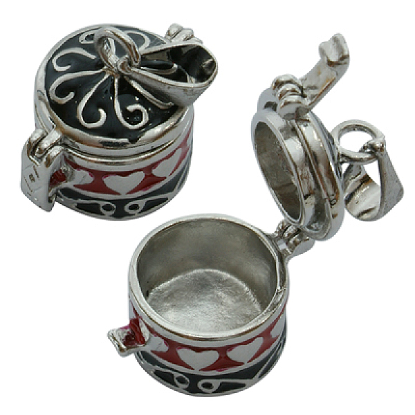 PandaHall Brass Pendant, Prayer Box, Barrel, Platinum, Black/Red, about 22mm wide, 25mm long, hole: 4mm Brass Column
