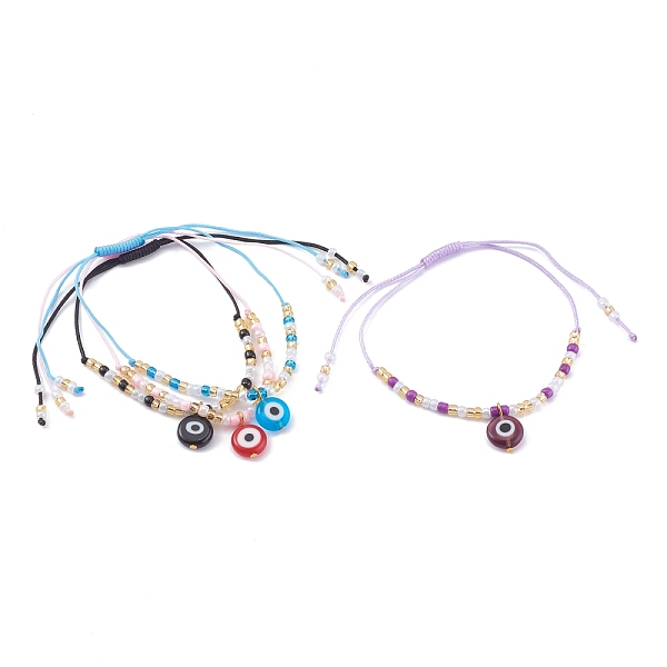 PandaHall Adjustable Nylon Thread Braided Bead Bracelets, Evil Eye Lampwork Charm Bracelets, with Round Glass Seed Beads, Mixed Color, Inner...