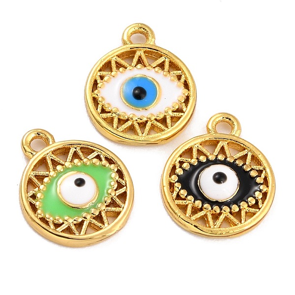 PandaHall Golden Brass Enamel Pendants, Long-Lasting Plated, Flat Round with Evil Eye, Mixed Color, 12x9.5x1.5mm, Hole: 1.2mm Brass+Enamel...