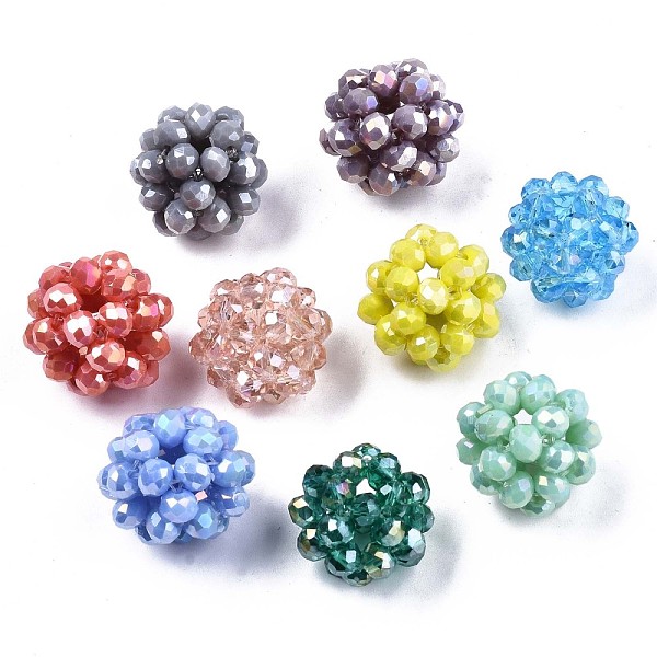 PandaHall Electroplate Glass Round Woven Beads, Cluster Beads, AB Color Plated, Faceted, Mixed Color, 15.5~17mm, Hole: 2mm, Beads: 4x3.5mm...