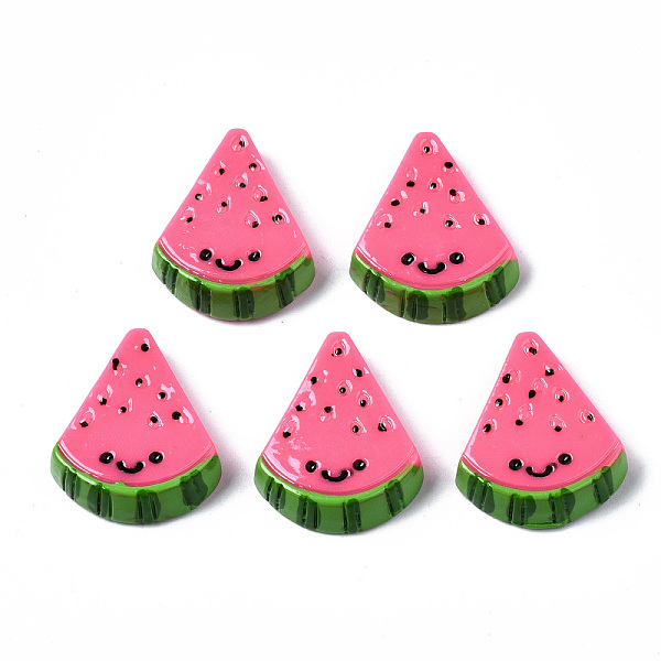 PandaHall Spray Painted Resin Cabochons, Watermelon with Smile, Deep Pink, 26~27x22~23x6.5mm Resin Fruit