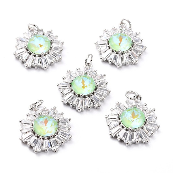 PandaHall Brass Micro Pave Cubic Zirconia Pendants, Long-Lasting Plated, Real 18K Gold Plated with Glass, Snowflake, Pale Green...
