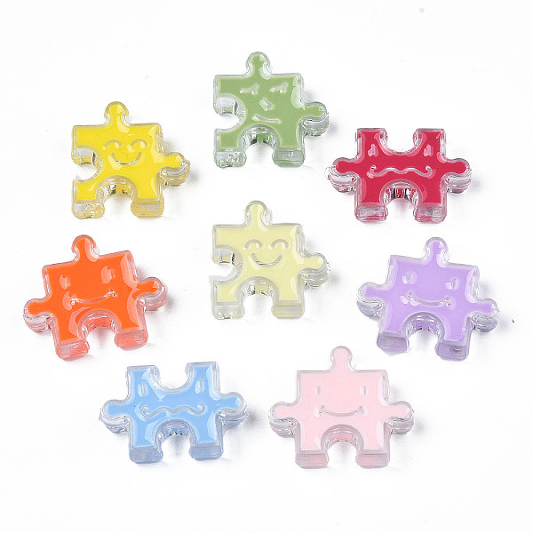 PandaHall Transparent Acrylic Beads, with Enamel, Puzzle, Mixed Color, 22~28x28~33x9mm, Hole: 3mm Acrylic Others Multicolor