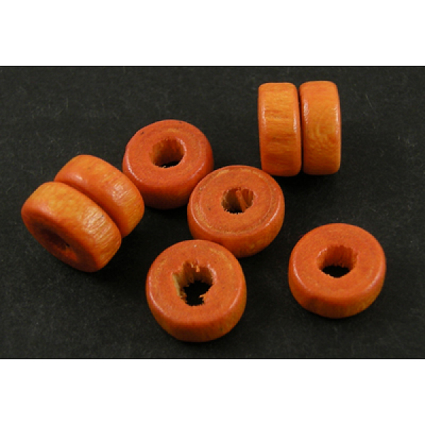 PandaHall Natural Wood Beads, Lead Free, Dyed, Flat Round, Orange, 8x3.5mm, Hole: 3mm, about 5000pcs/1000g Wood Flat Round Orange