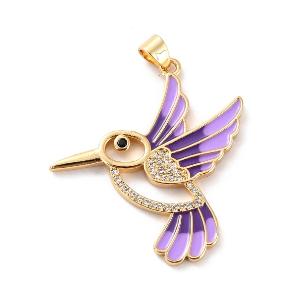 PandaHall Brass Micro Pave Clear Cubic Zirconia Pendants, with Enamel, Long-Lasting Plated, Real 18K Gold Plated, Bird, Lilac, 33.5x31x2mm...