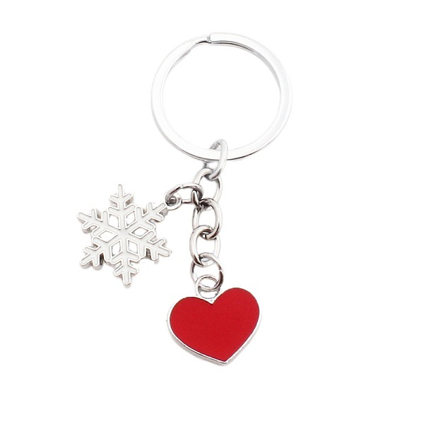 PandaHall Zinc Alloy Enamel Pendants Keychain, with Alloy Key Rings, Heart and Snowflake, FireBrick, 7.5cm Alloy Heart Red