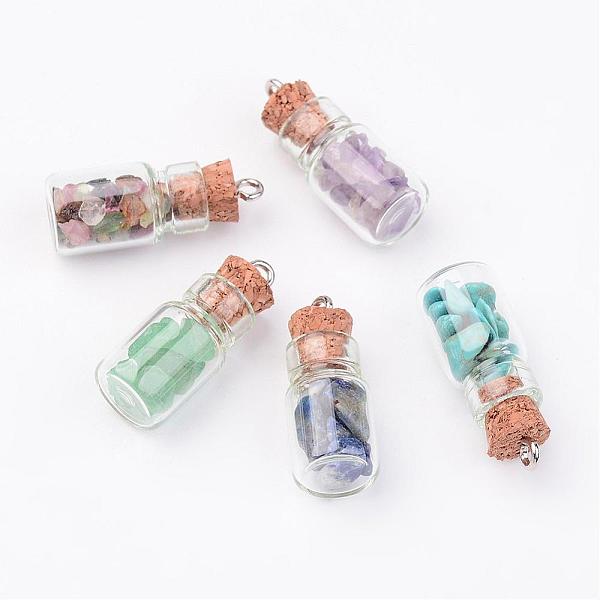 PandaHall Glass Bottle Pendants, with Natural & Synthetic Gemstone Chip Beads and Iron Findings, Platinum, Mixed Color, 25x10mm, Hole: 1.5mm...