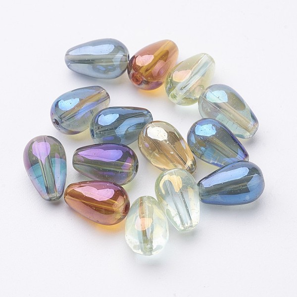 PandaHall Electroplate Transparent Glass Teardrop Beads, Full Rainbow Plated, Mixed Color, 8x13mm, Hole: 1mm Glass Teardrop Multicolor