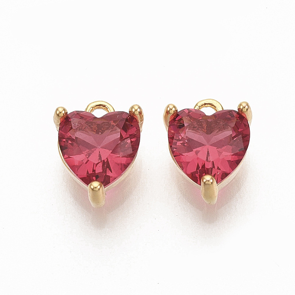 PandaHall Valentine's Day Brass Charms, with Cubic Zirconia, Nickel Free, Heart, Real 18K Gold Plated, Dark Red, 7x5x3mm, Hole: 0.9mm...
