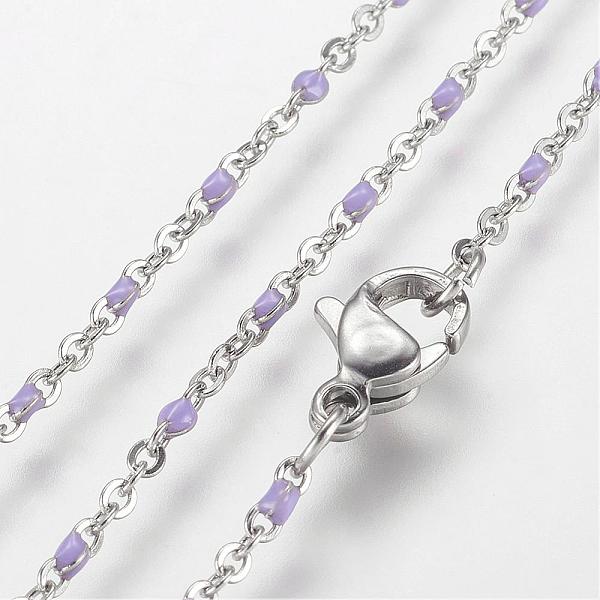 PandaHall 304 Stainless Steel Chain Necklaces, with Enamel Links, Platinum, Lilac, 17.91inch(45.5cm), 1.5~2mm 304 Stainless Steel Purple