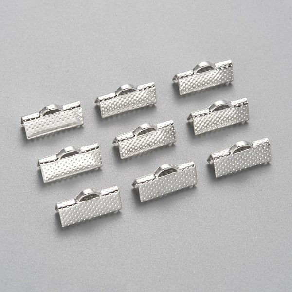 PandaHall Iron Ribbon Crimp Ends, Silver Color Plated, about 8mm long, 16mm wide, Hole: 1mm Iron