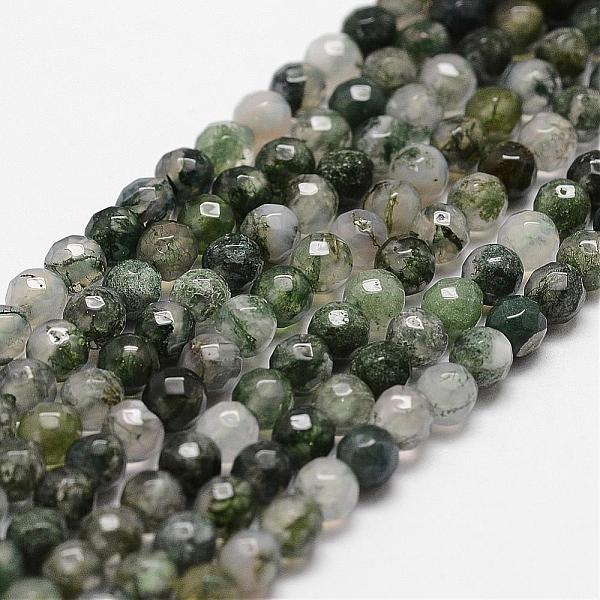 PandaHall Natural Moss Agate Beads Strands, Faceted, Round, 4mm, Hole: 1mm, about 96pcs/strand, 14.9 inch~15.1 inch Moss Agate Round Green