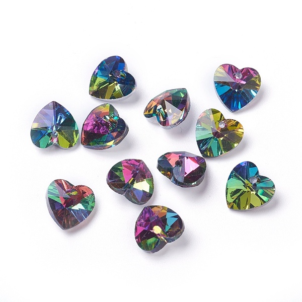 PandaHall Romantic Valentines Ideas Glass Charms, Faceted Heart Pendants, Colorful, 10x10x5mm, Hole: 1mm Glass Heart