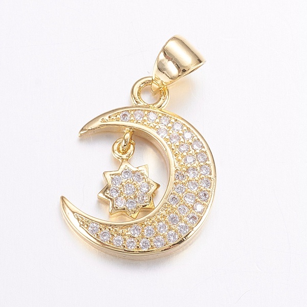 PandaHall Brass Micro Pave Cubic Zirconia Pendants, Long-Lasting Plated, Real 18K Gold Plated, Moon, 18x14x2.5mm, Hole: 3.5x4mm Brass+Cubic...