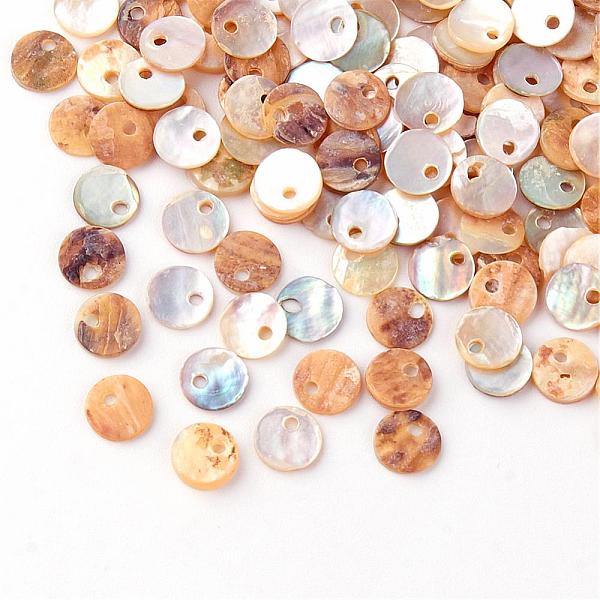 PandaHall Natural Akoya Shell Charms, Mother of Pearl Shell Pendants, Flat Round, Camel, 6x1mm, Hole: 1.4mm Akoya Shell Flat Round Brown