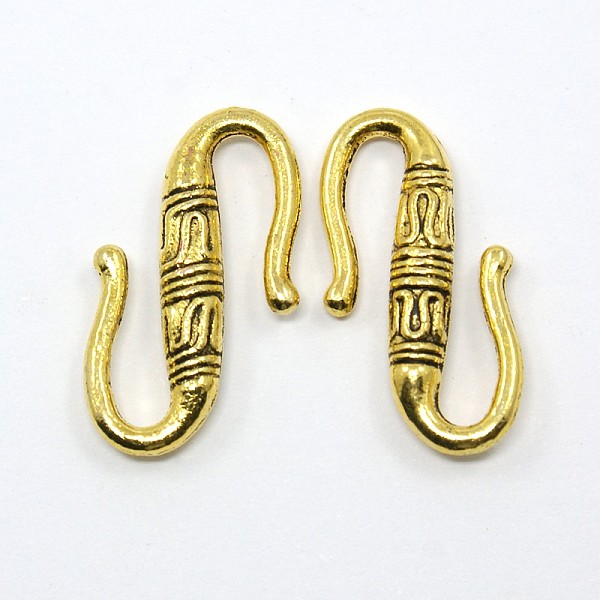 PandaHall Tibetan Style S-Hook Clasps, Lead Free and Cadmium Free, Antique Golden, about 6.5mm in diameter, 22mm long Alloy