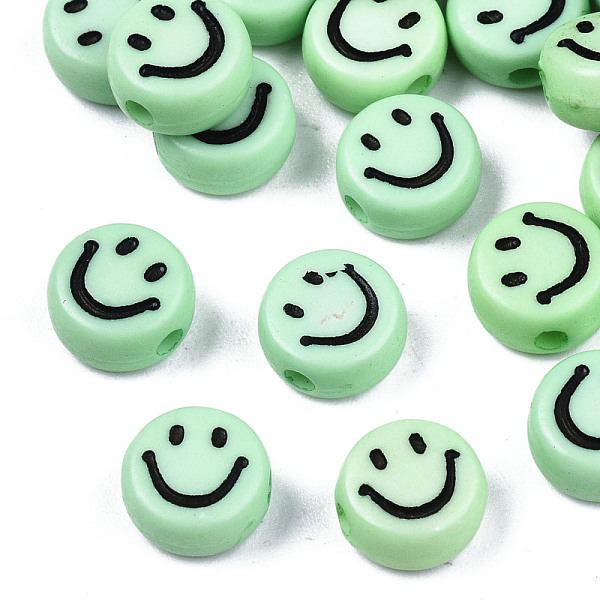 PandaHall Opaque Acrylic Beads, Flat Round with Smiling Face, Pale Green, 7x3.5mm, Hole: 1.5mm, about 380pcs/50g Acrylic Flat Round