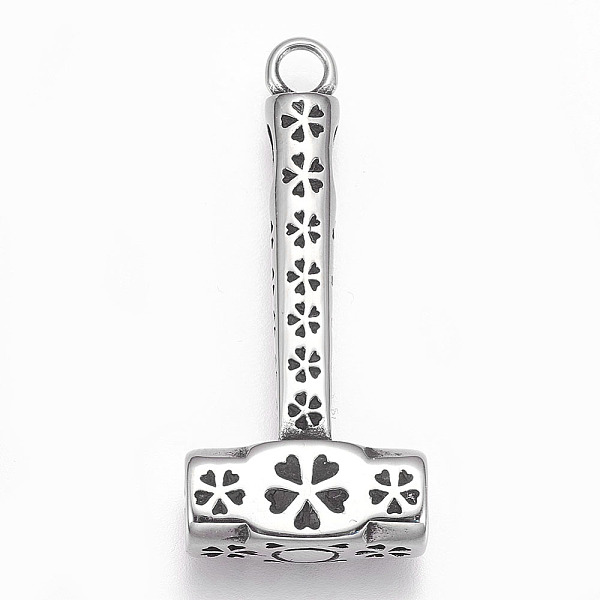 PandaHall 304 Stainless Steel Pendants, Hammer with Flower, Antique Silver, 38x17x6.5mm, Hole: 3mm 304 Stainless Steel Tool
