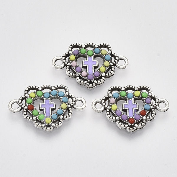 PandaHall Antique Silver Tone Alloy Links connectors, with Colorful Resin and Enamel, Heart with Cross, Lilac, 14.5x22x2.5mm, Hole: 1.6mm...