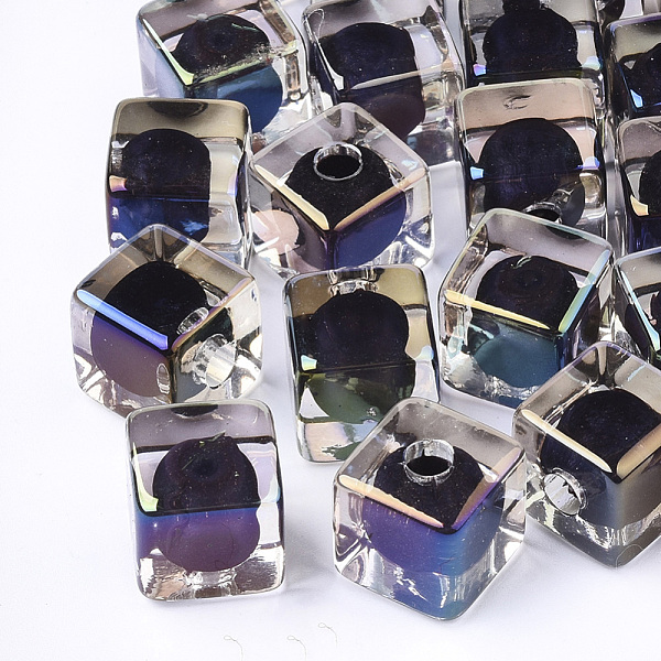 PandaHall Transparent Acrylic Beads, UV Plating & Rainbow, Bead in Bead, Half Drilled Beads, Cube, Midnight Blue, 12.5x12.5x12.5mm, Half...