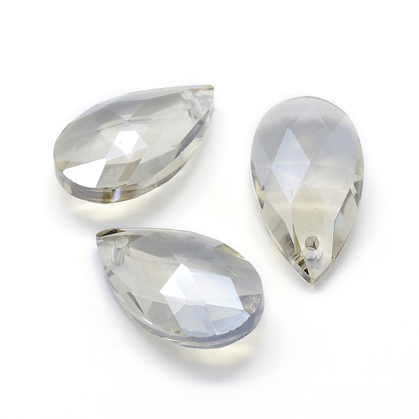 PandaHall Faceted Glass Pendants, Teardrop, Light Grey, 22x13x8.5mm, Hole: 1mm Glass Teardrop Gray