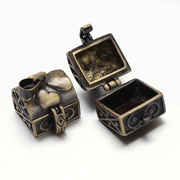 PandaHall Carved Cuboid Rack Plating Brass Prayer Box Pendants, Wish Box, Nickel Free, Antique Bronze, 17x16x20mm, Hole: 5x3mm Brass Cuboid